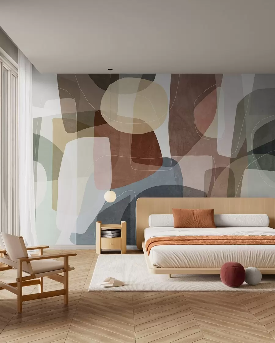 wall murals Апстрактни облици у пригушеним земљаним тоновима са танким белим линијама, преклапајућим текстурама w09942v1