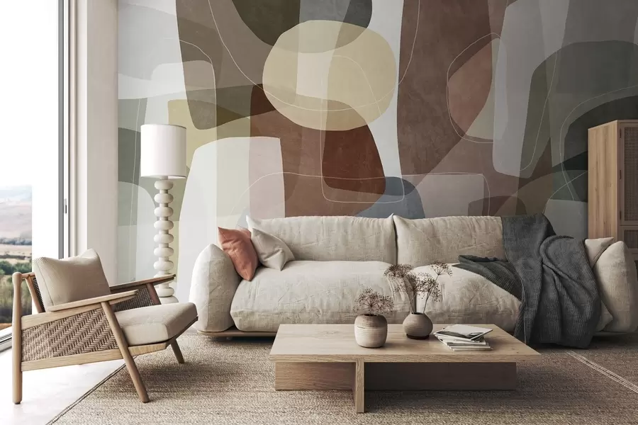 wall murals Апстрактни облици у пригушеним земљаним тоновима са танким белим линијама, преклапајућим текстурама w09942v1