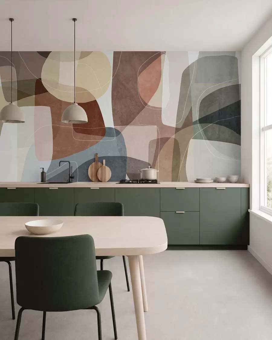 wall murals Апстрактни облици у пригушеним земљаним тоновима са танким белим линијама, преклапајућим текстурама w09942v1