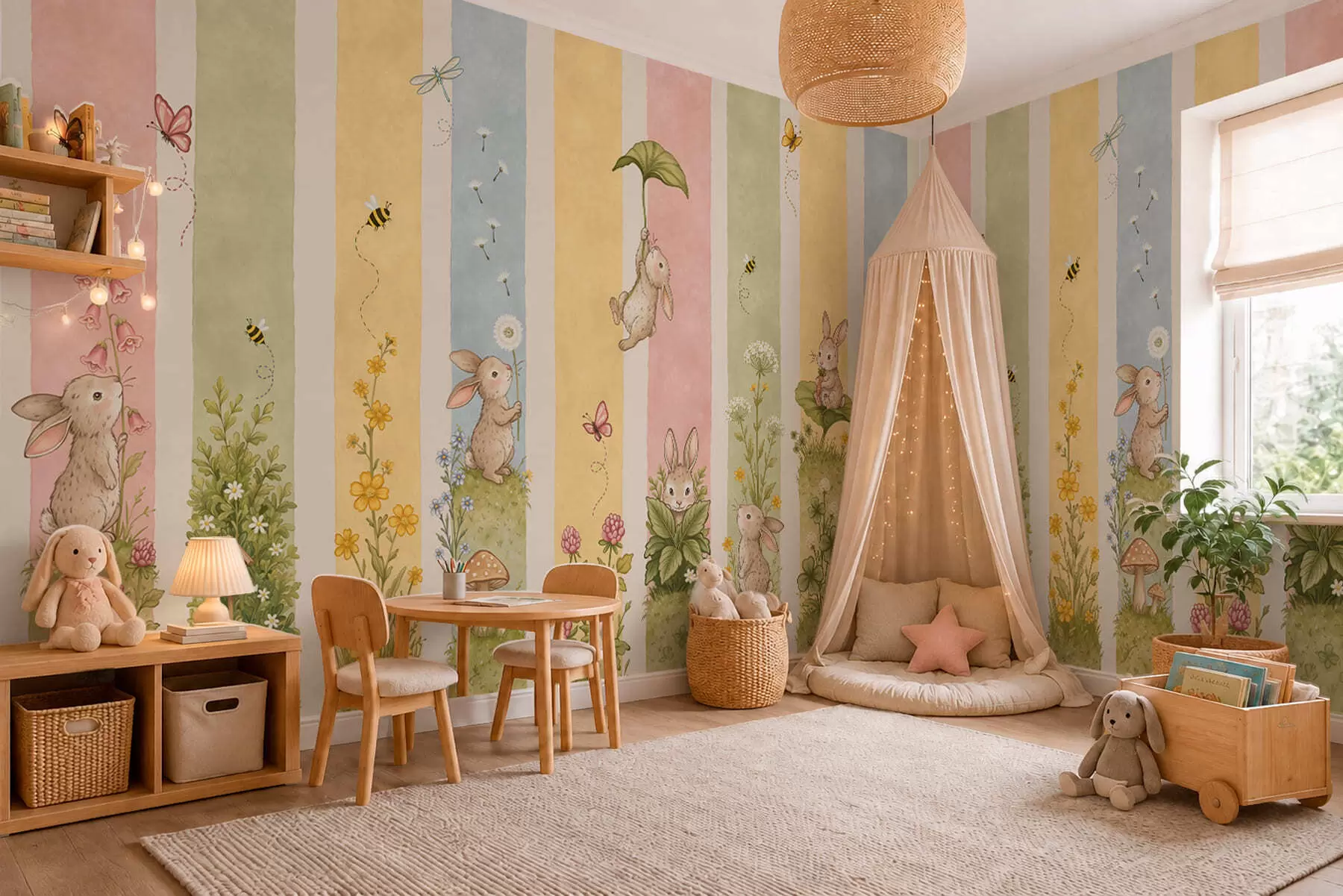 wall murals Пастелне пруге са зечевима, цвећем, лептирима и пчелама w05730