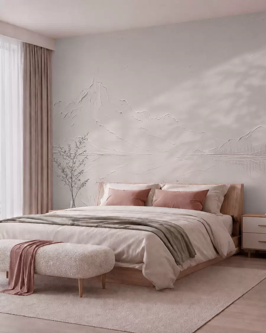 wall murals Светло ружичасти, текстурирани планински пејзаж са језером попут огледала w05739v1