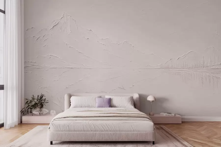 wall murals Светло ружичасти, текстурирани планински пејзаж са језером попут огледала w05739v1