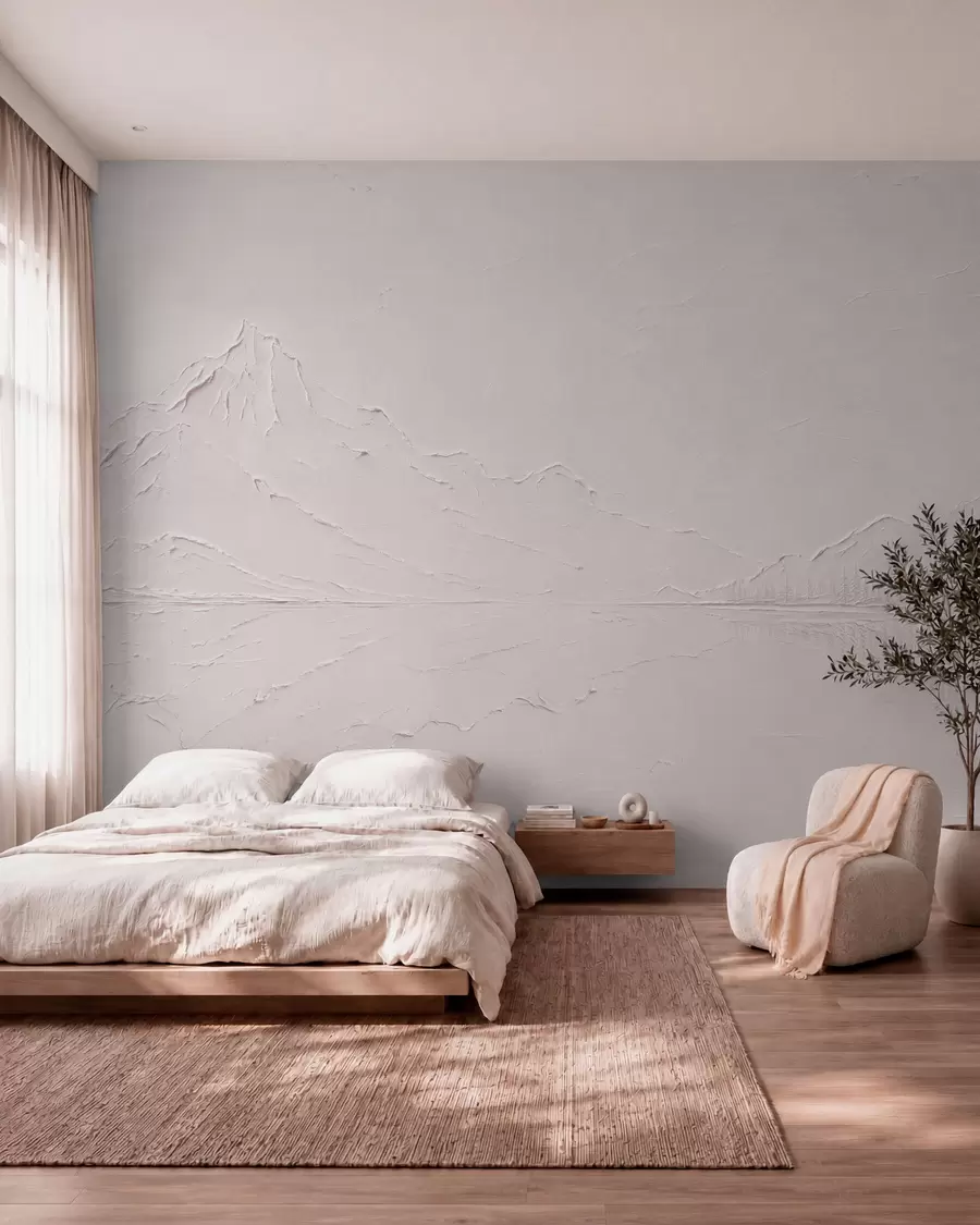 wall murals Светло ружичасти, текстурирани планински пејзаж са језером попут огледала w05739v1