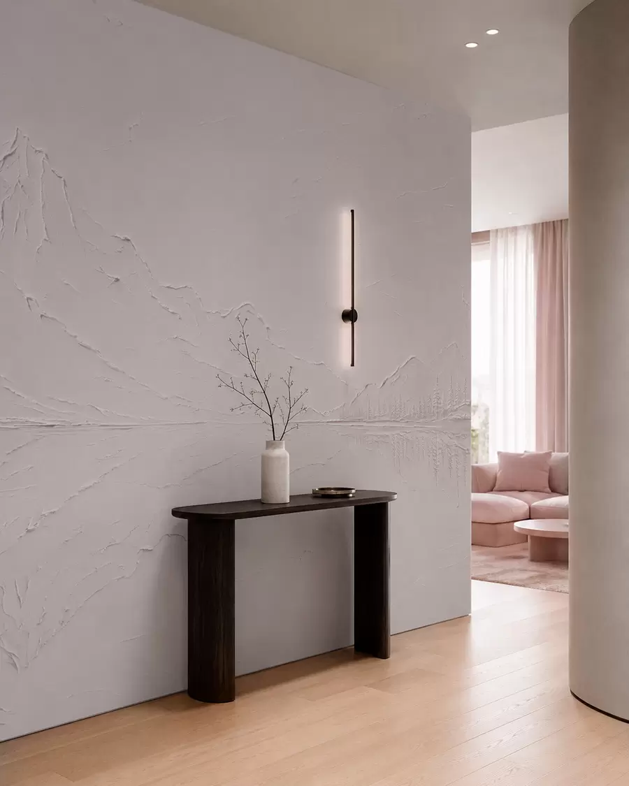 wall murals Светло ружичасти, текстурирани планински пејзаж са језером попут огледала w05739v1