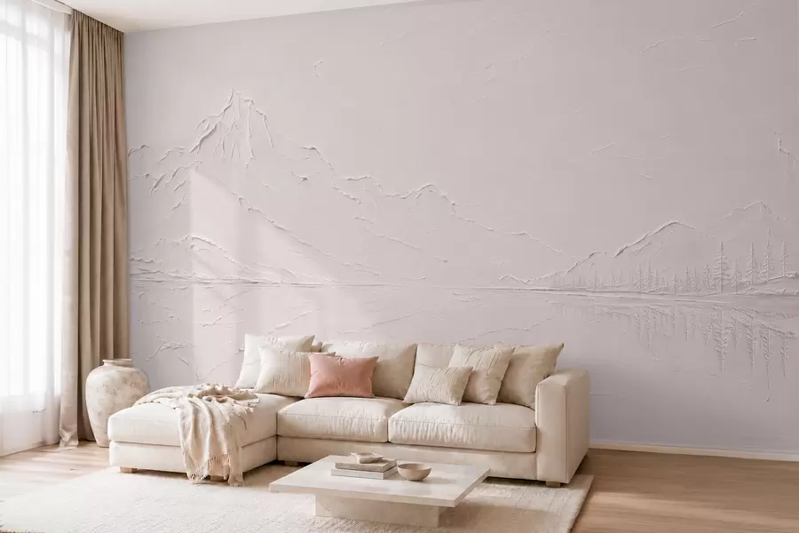 wall murals Светло ружичасти, текстурирани планински пејзаж са језером попут огледала w05739v1