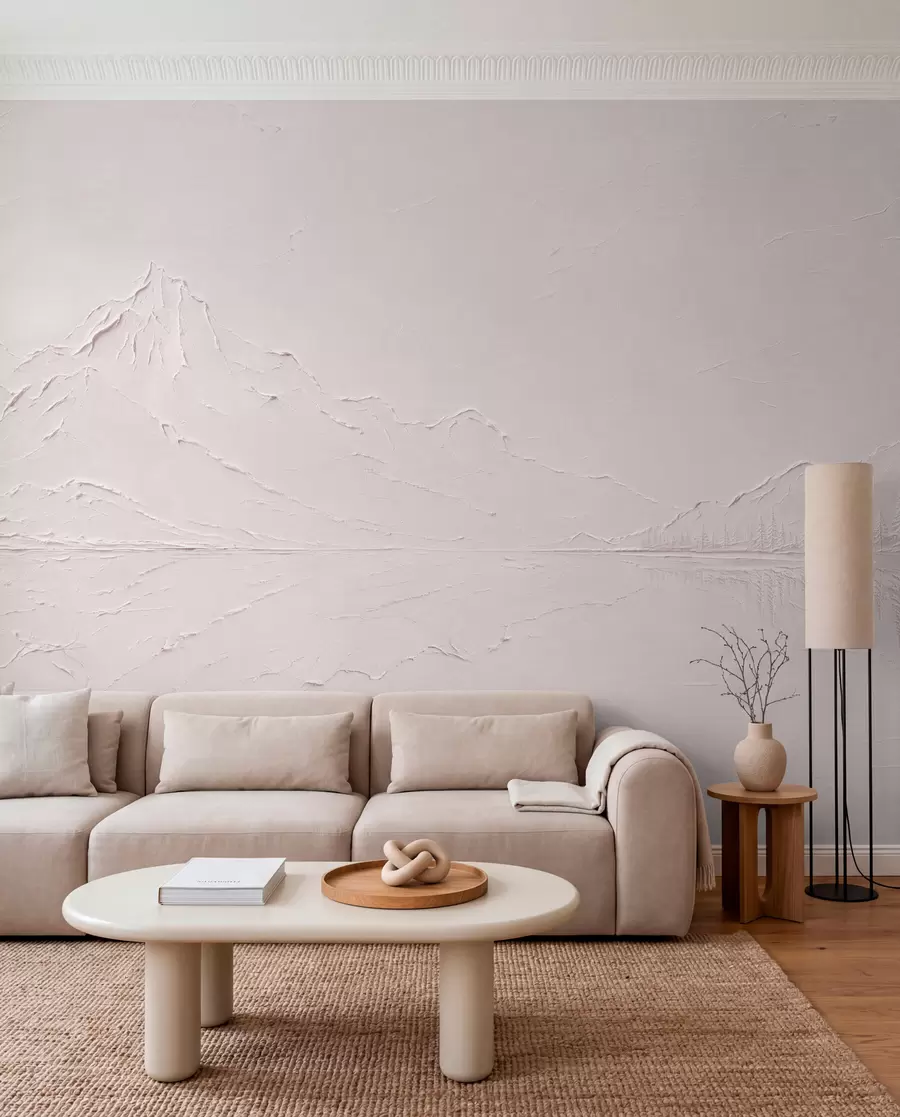 wall murals Светло ружичасти, текстурирани планински пејзаж са језером попут огледала w05739v1