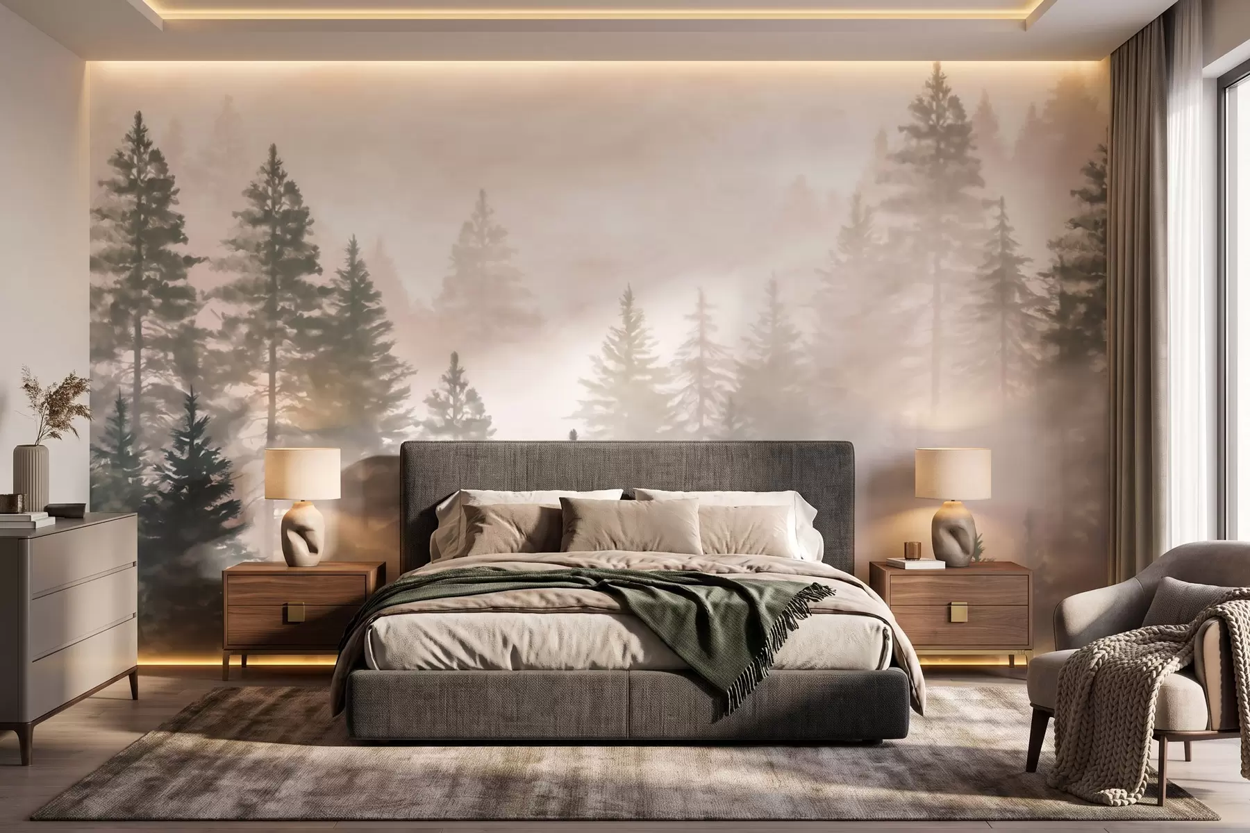 wall murals Магловита четинарска шума у ​​тамнозеленим тоновима у акварел стилу w09929