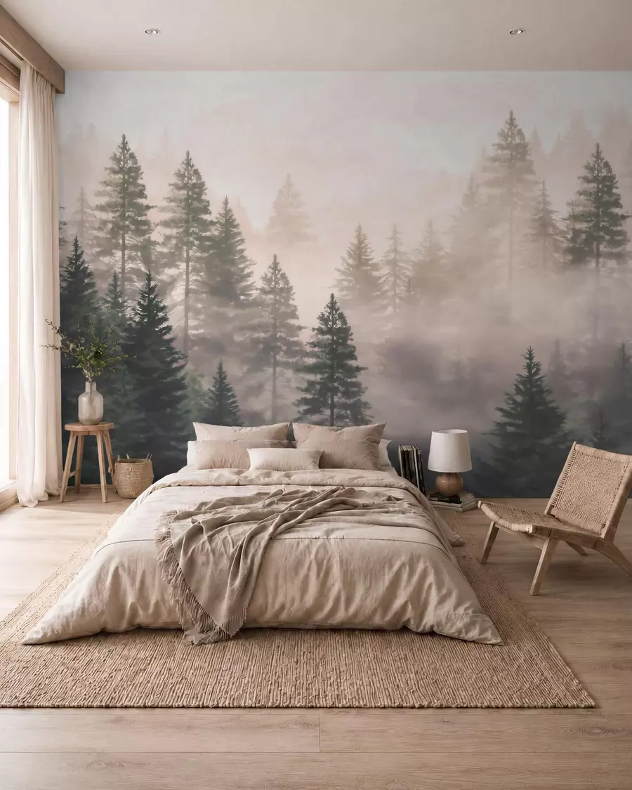 wall murals Магловита четинарска шума у ​​тамнозеленим тоновима у акварел стилу w09929