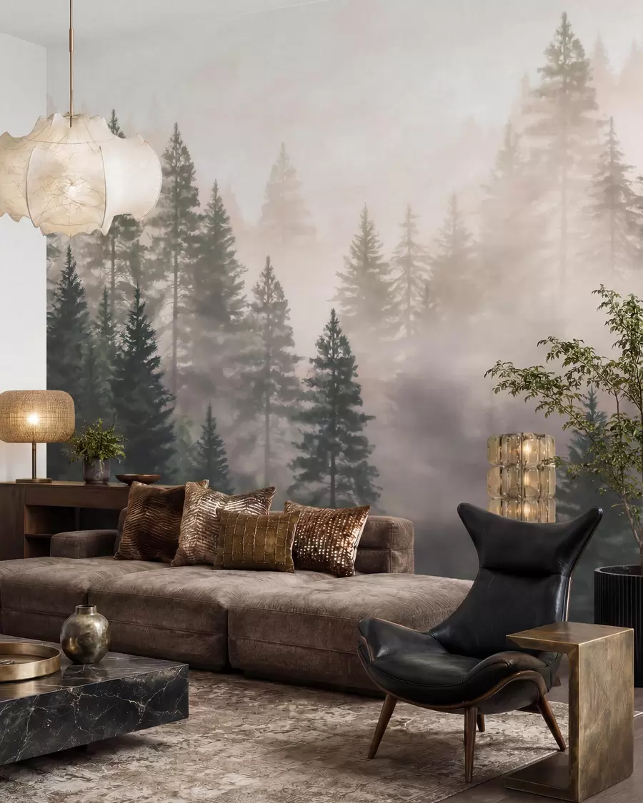 wall murals Магловита четинарска шума у ​​тамнозеленим тоновима у акварел стилу w09929