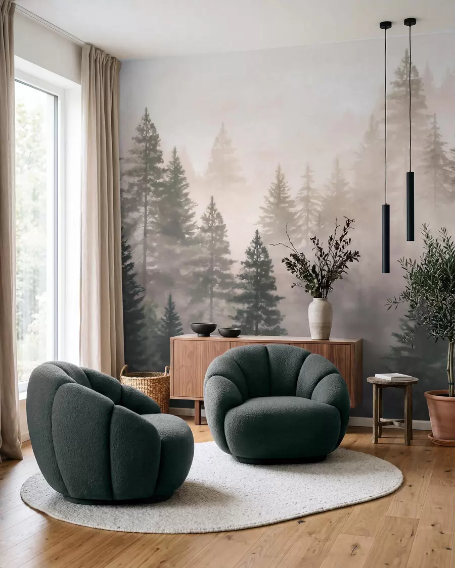 wall murals Магловита четинарска шума у ​​тамнозеленим тоновима у акварел стилу w09929