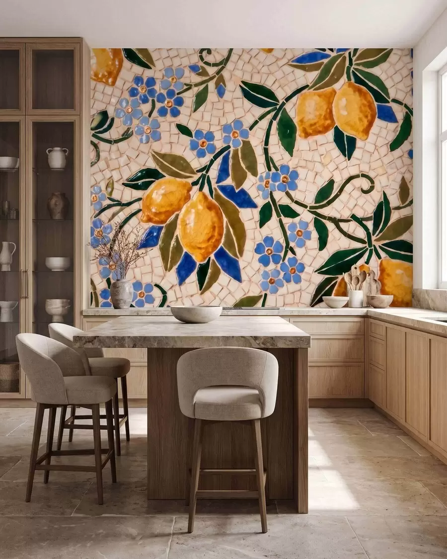 wall murals Светла декоративна композиција у стилу керамичког мозаика са сочним лимунима, цвећем, лишћем и гранама w09948