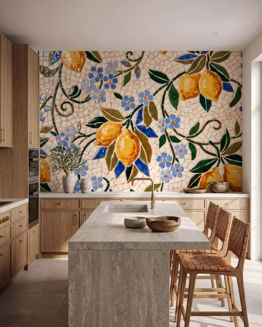 wall murals Светла декоративна композиција у стилу керамичког мозаика са сочним лимунима, цвећем, лишћем и гранама w09948