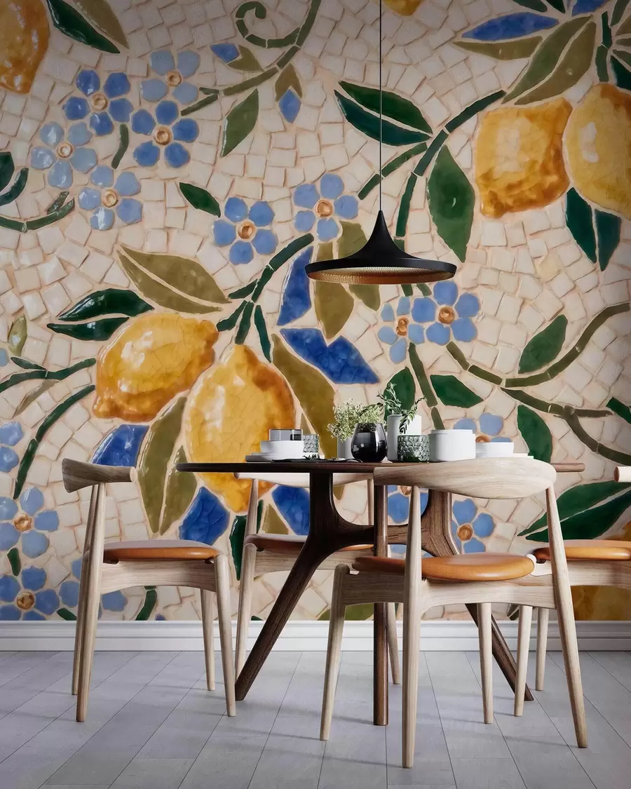 wall murals Светла декоративна композиција у стилу керамичког мозаика са сочним лимунима, цвећем, лишћем и гранама w09948