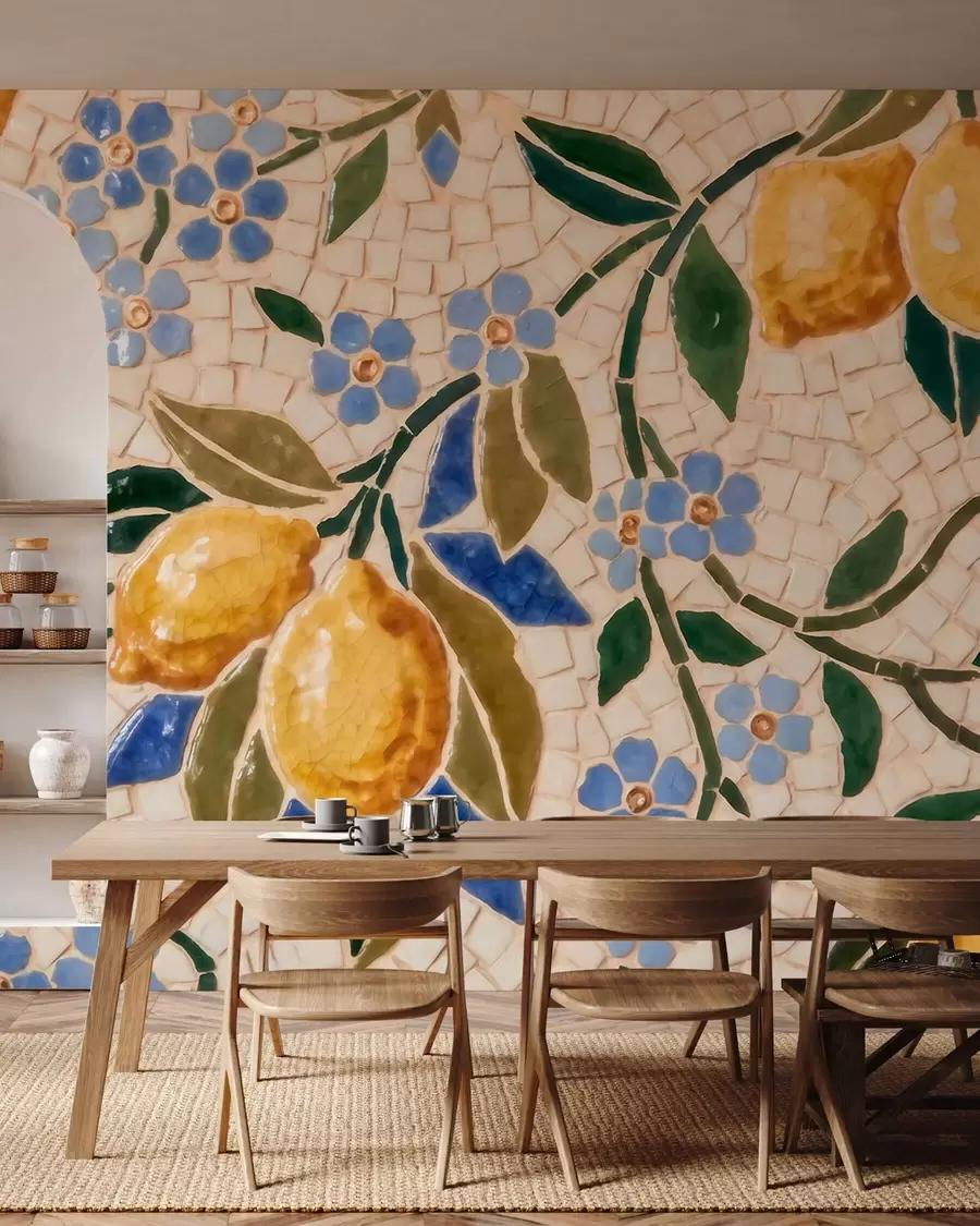 wall murals Светла декоративна композиција у стилу керамичког мозаика са сочним лимунима, цвећем, лишћем и гранама w09948