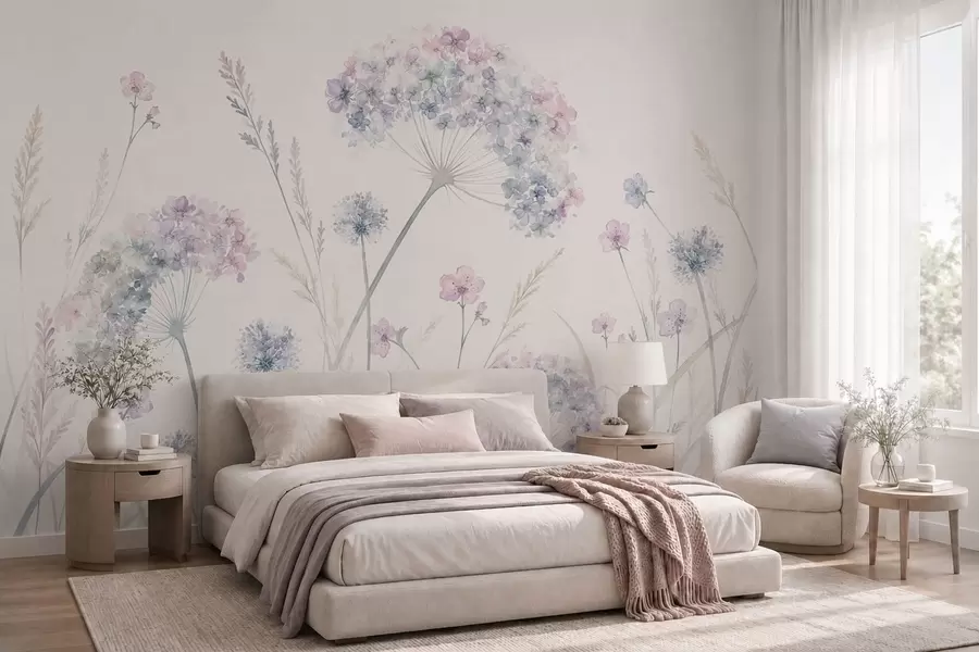 wall murals Ливадско цвеће у нежним плавим и јоргованим тоновима w05731