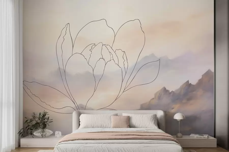 wall murals Планински пејзаж са силуетом цвећа w05788