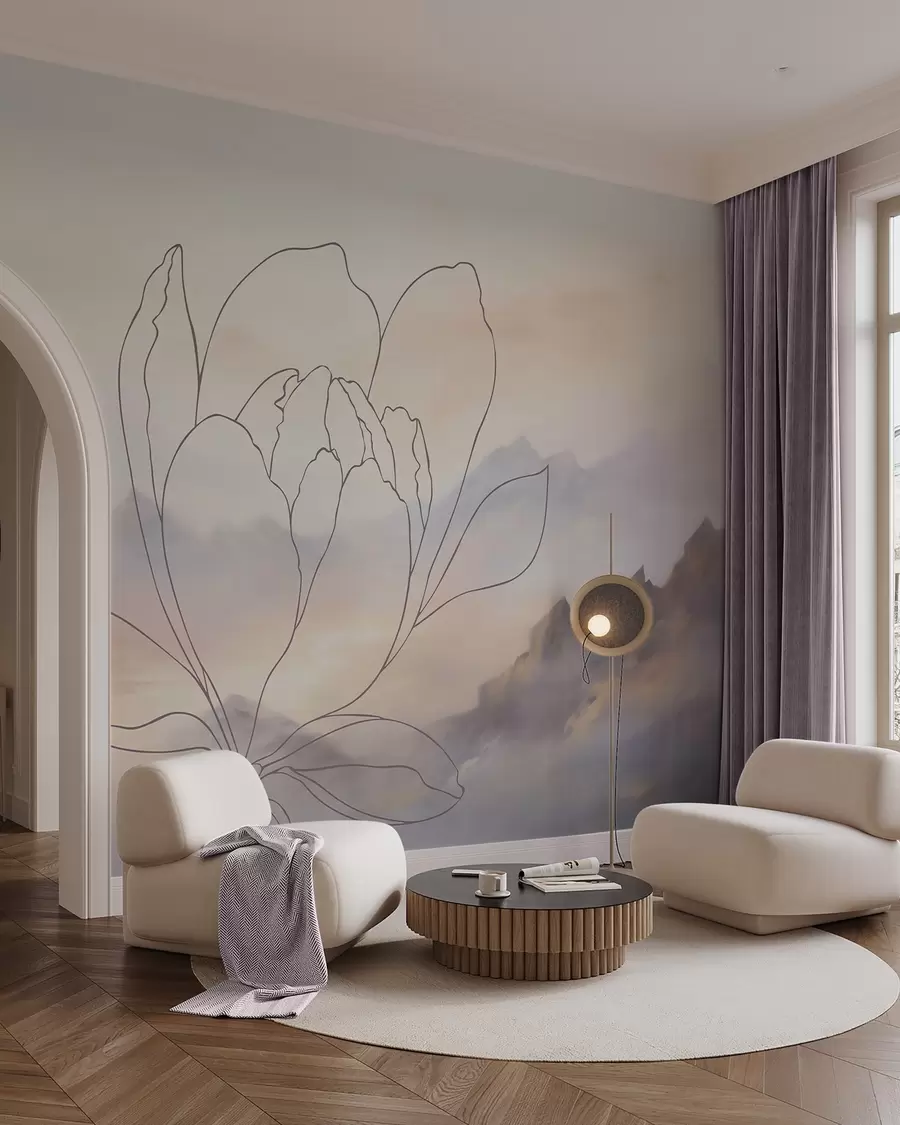 wall murals Планински пејзаж са силуетом цвећа w05788