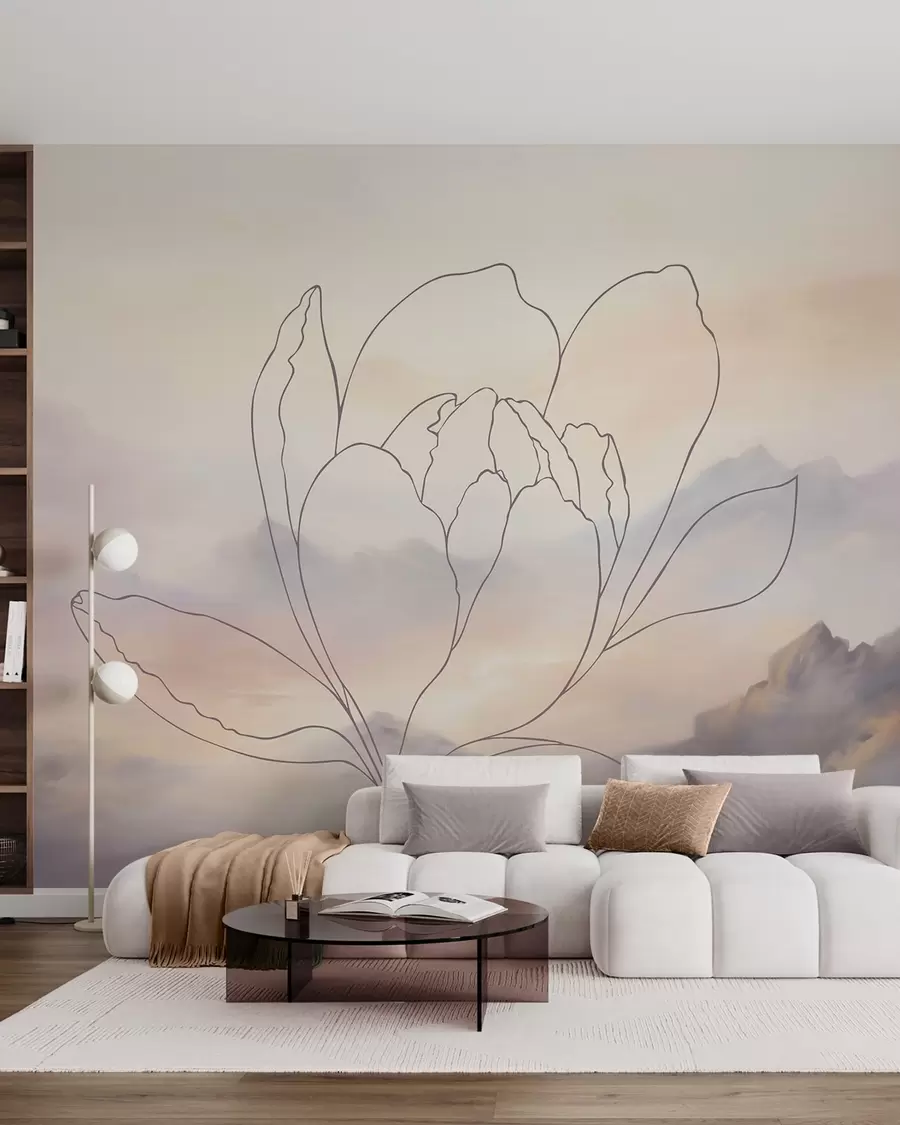 wall murals Планински пејзаж са силуетом цвећа w05788