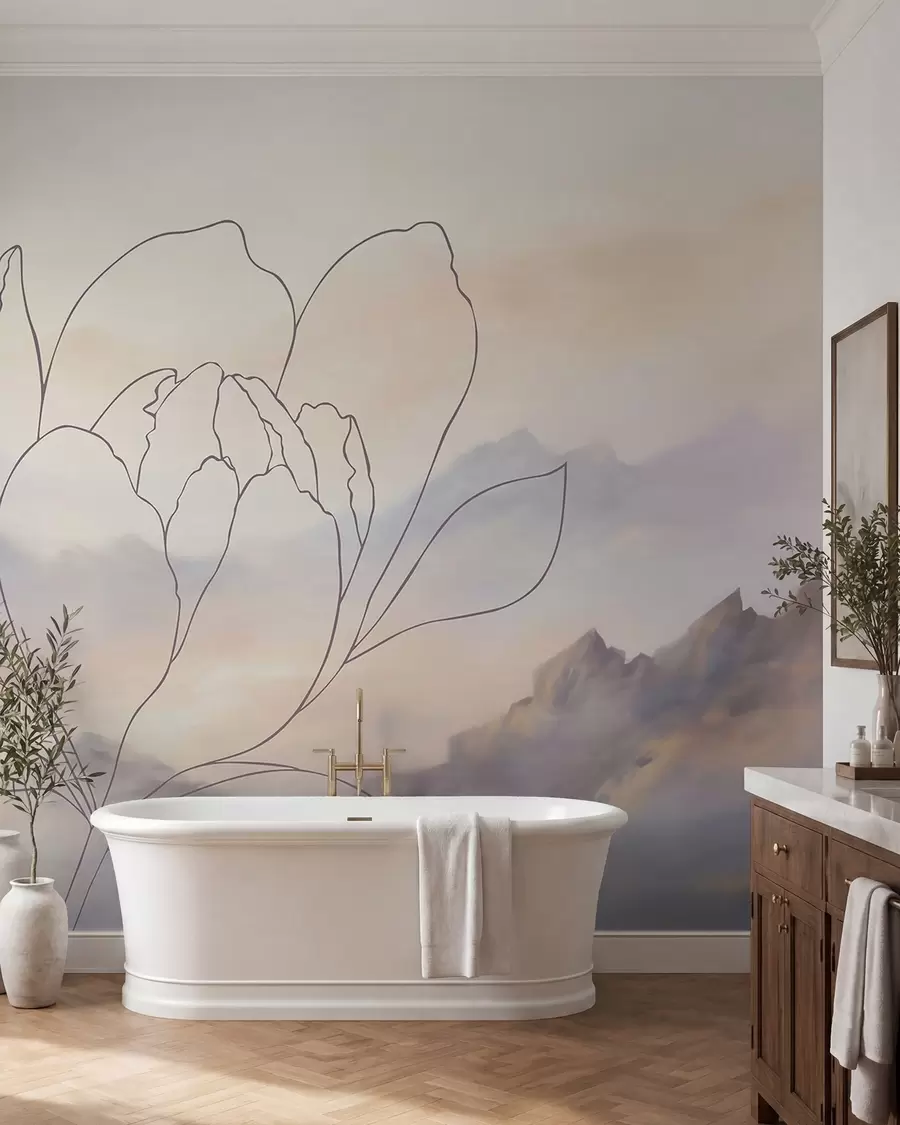 wall murals Планински пејзаж са силуетом цвећа w05788