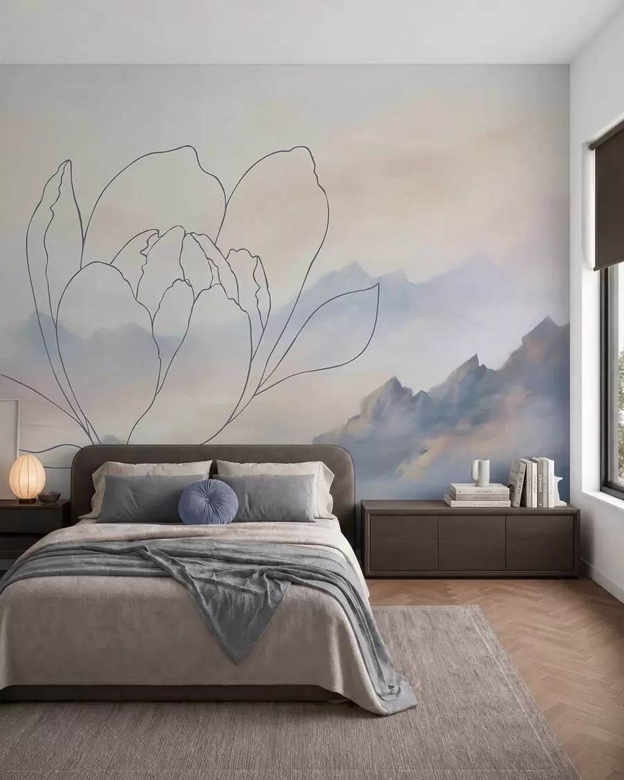 wall murals Планински пејзаж са силуетом цвећа w05788v1