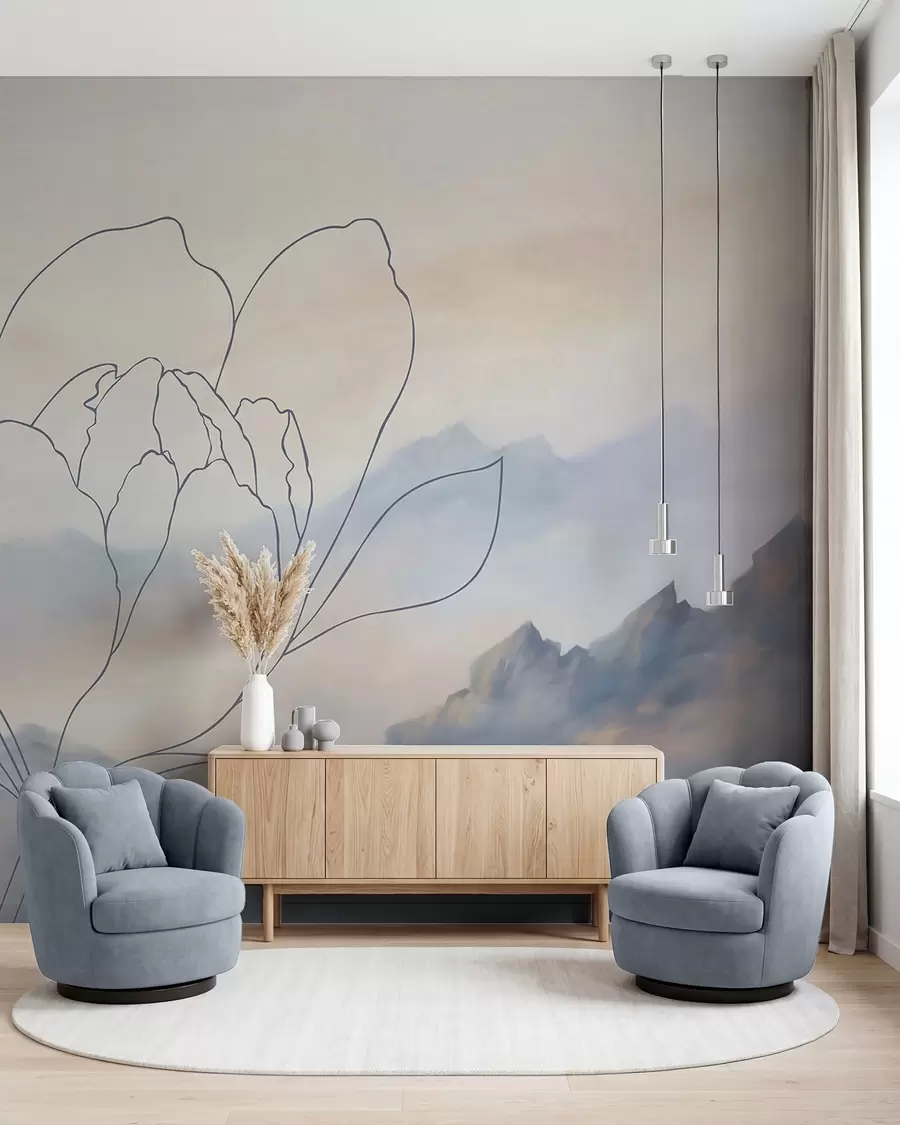 wall murals Планински пејзаж са силуетом цвећа w05788v1