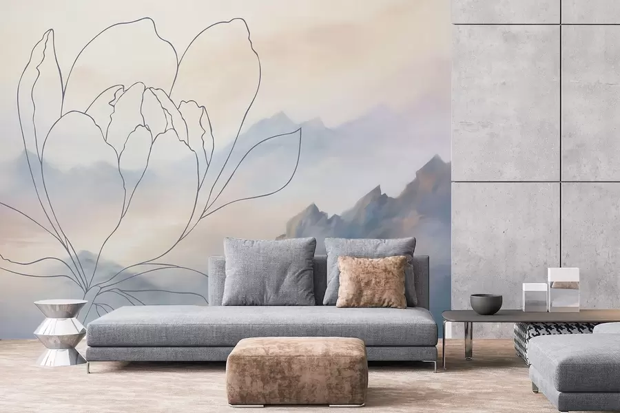 wall murals Планински пејзаж са силуетом цвећа w05788v1