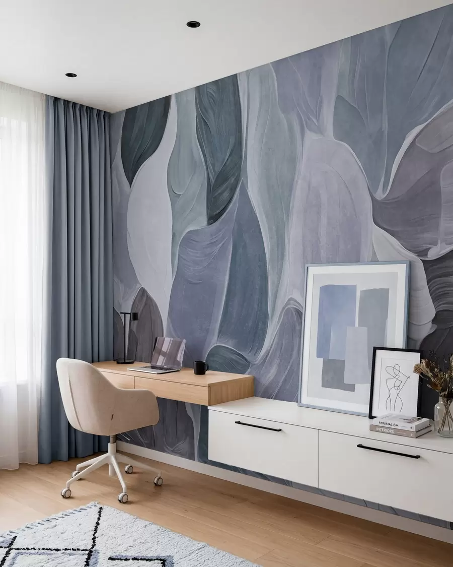wall murals Апстрактни облици у пригушеним плавим и сивим тоновима, имитација потеза четкицом w09908v1