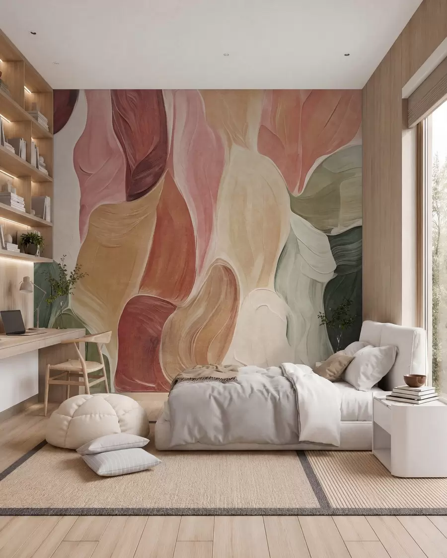 wall murals Апстрактни облици у пригушеним ружичастим, бресквастим и зеленим тоновима, имитација потеза четкицом w09908