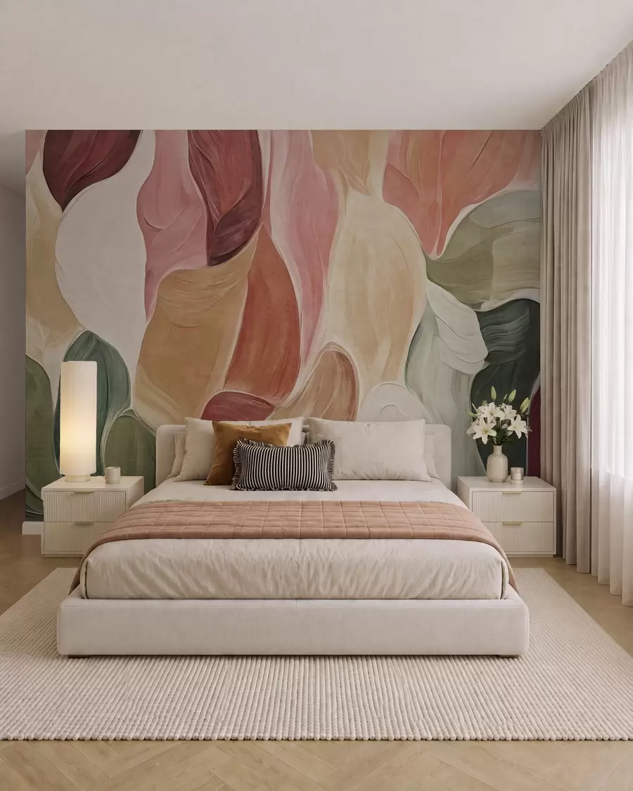 wall murals Апстрактни облици у пригушеним ружичастим, бресквастим и зеленим тоновима, имитација потеза четкицом w09908
