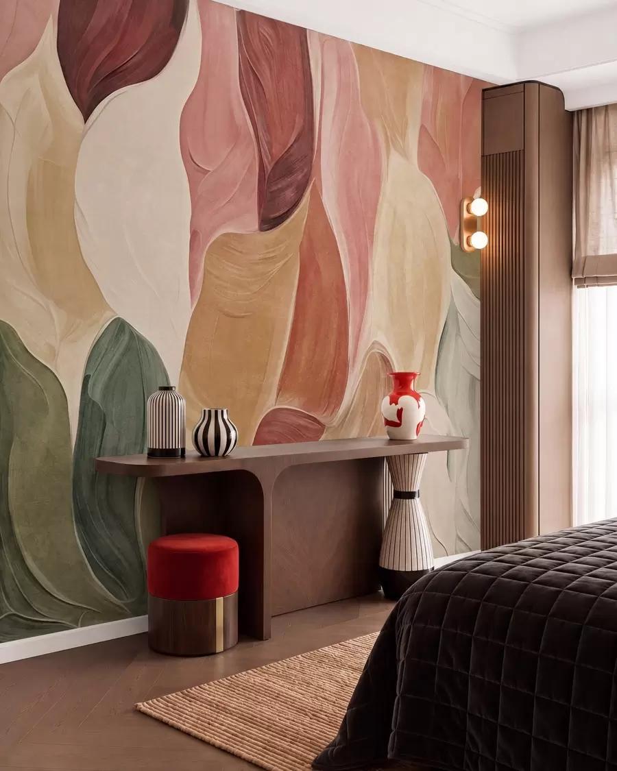 wall murals Апстрактни облици у пригушеним ружичастим, бресквастим и зеленим тоновима, имитација потеза четкицом w09908