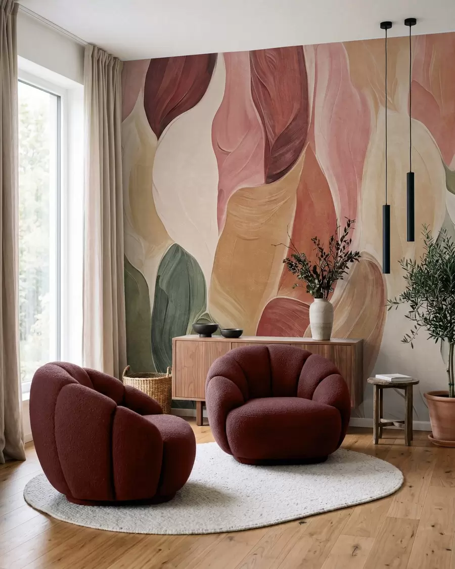 wall murals Апстрактни облици у пригушеним ружичастим, бресквастим и зеленим тоновима, имитација потеза четкицом w09908