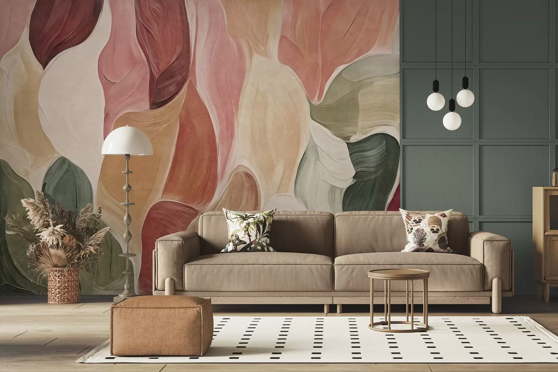 wall murals Апстрактни облици у пригушеним ружичастим, бресквастим и зеленим тоновима, имитација потеза четкицом w09908