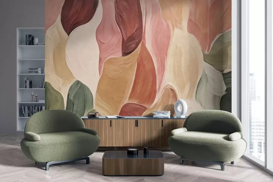 wall murals Апстрактни облици у пригушеним ружичастим, бресквастим и зеленим тоновима, имитација потеза четкицом w09908