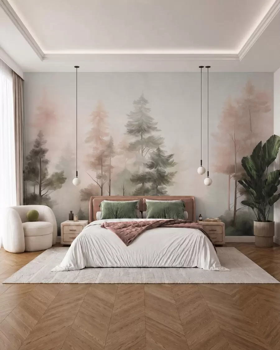 wall murals Текстурирана шума са високим боровима у нијансама зелене и ружичасте, са меком светлом маглом w09982