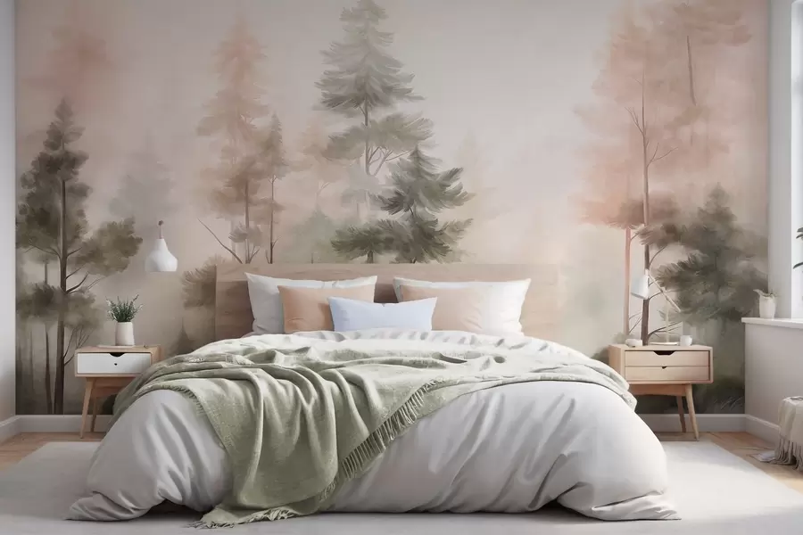 wall murals Текстурирана шума са високим боровима у нијансама зелене и ружичасте, са меком светлом маглом w09982
