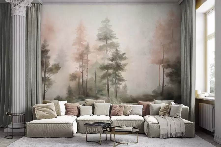wall murals Текстурирана шума са високим боровима у нијансама зелене и ружичасте, са меком светлом маглом w09982