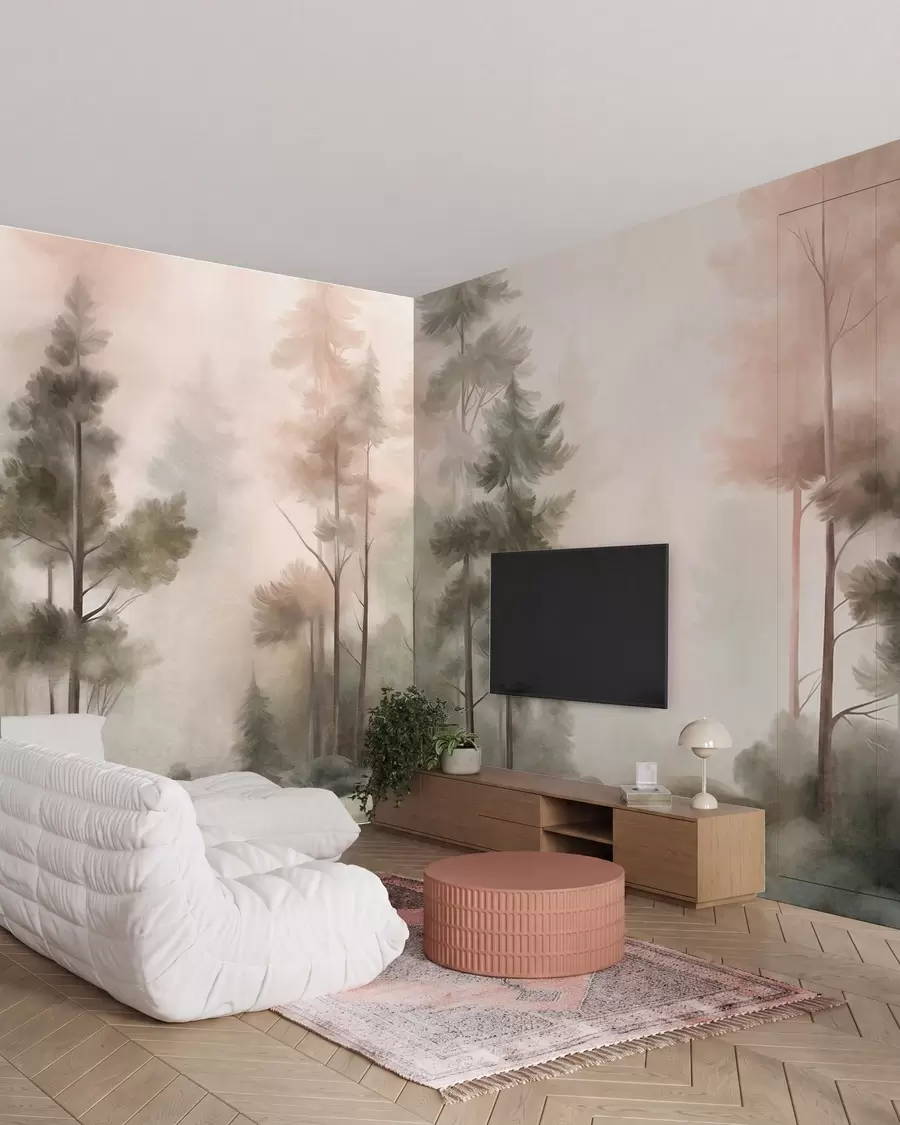 wall murals Текстурирана шума са високим боровима у нијансама зелене и ружичасте, са меком светлом маглом w09982