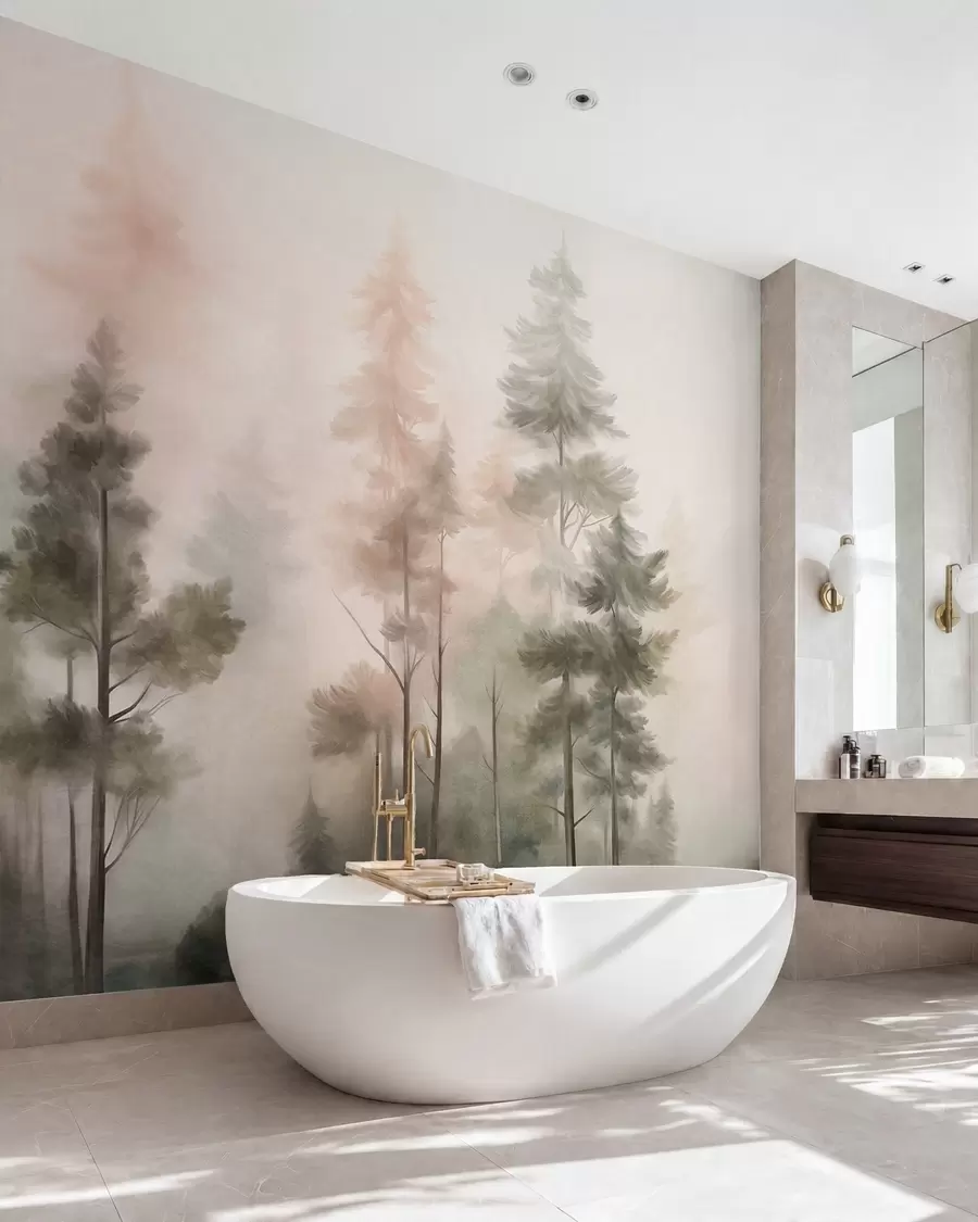 wall murals Текстурирана шума са високим боровима у нијансама зелене и ружичасте, са меком светлом маглом w09982
