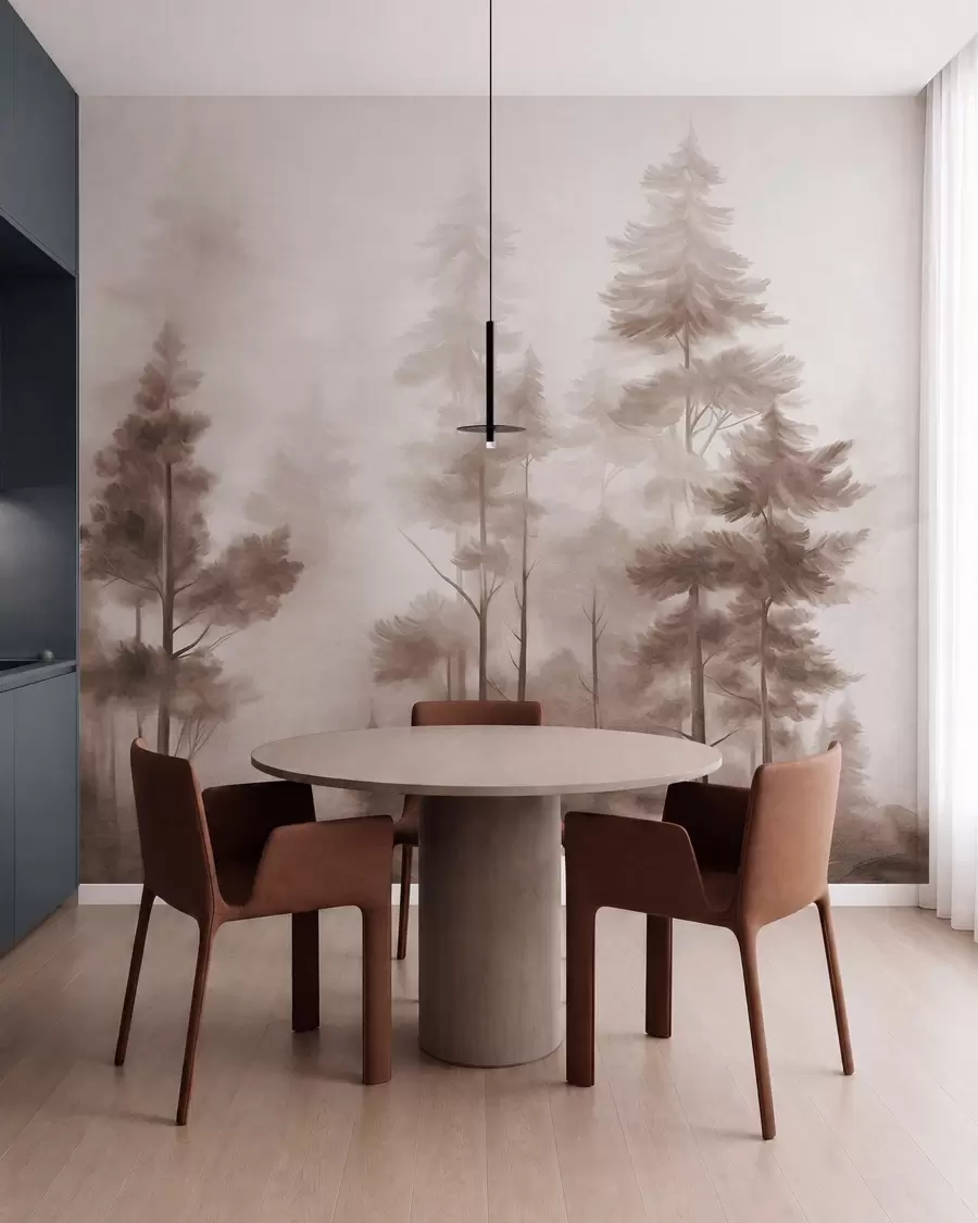 wall murals Текстурирана шума са високим боровима у нијансама смеђе, са меком светлом маглом w09982v1
