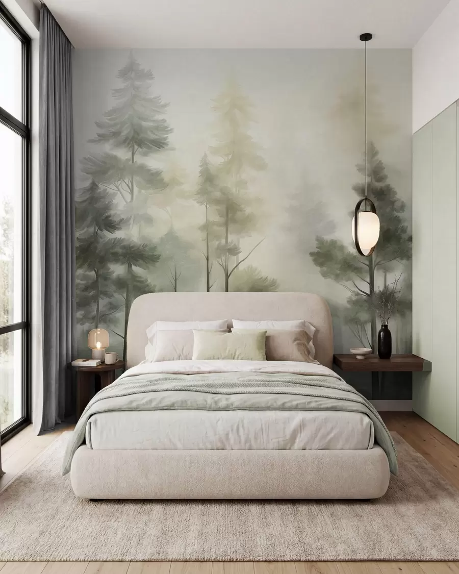 wall murals Текстурирана шума са високим боровима у нијансама зелене и жуте, са меком светлосном маглом w09982v2