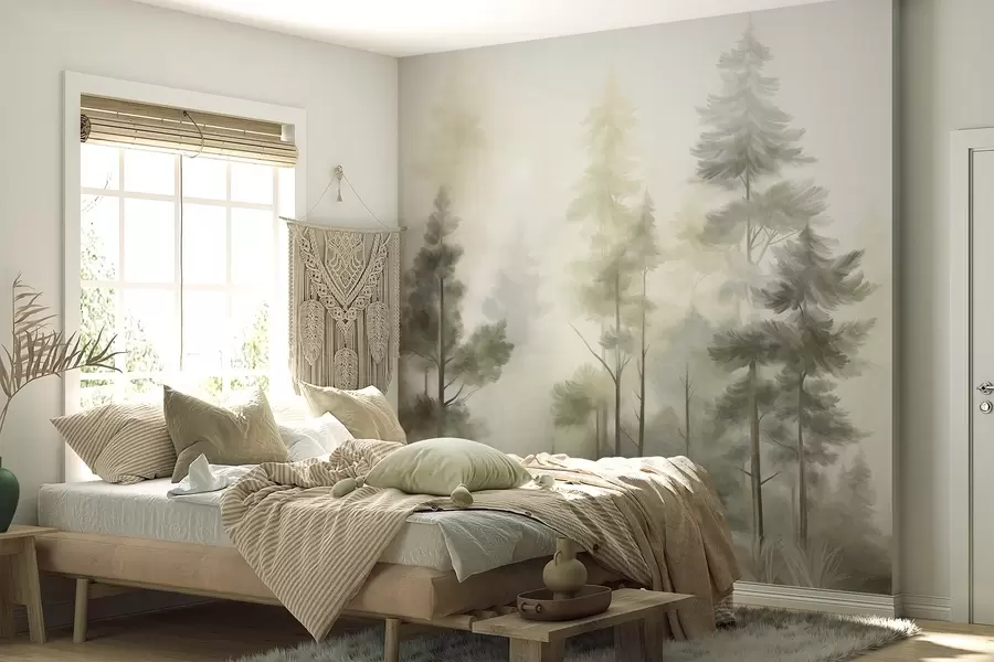 wall murals Текстурирана шума са високим боровима у нијансама зелене и жуте, са меком светлосном маглом w09982v2