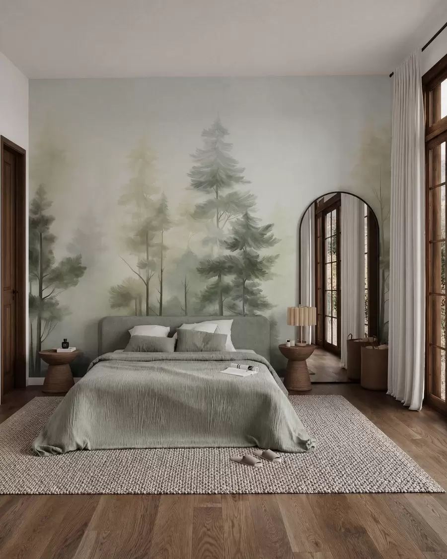 wall murals Текстурирана шума са високим боровима у нијансама зелене и жуте, са меком светлосном маглом w09982v2