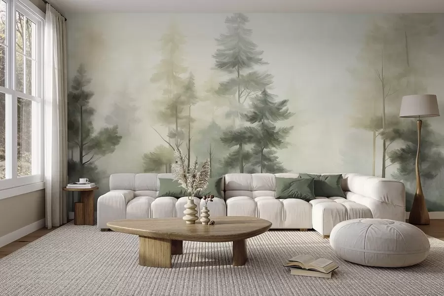 wall murals Текстурирана шума са високим боровима у нијансама зелене и жуте, са меком светлосном маглом w09982v2