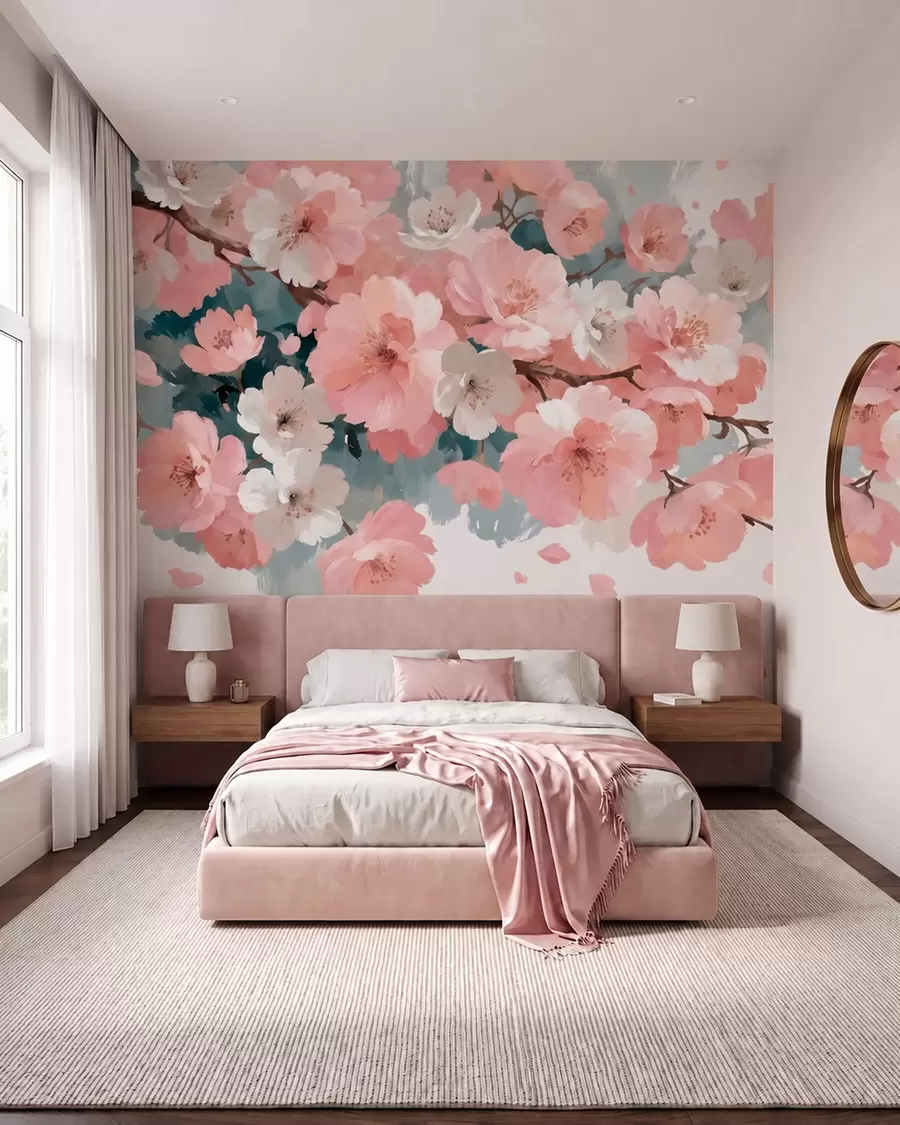 wall murals Цветање трешњиних цветова са ружичастим и белим цветовима у стилу уљаног сликарства w09912