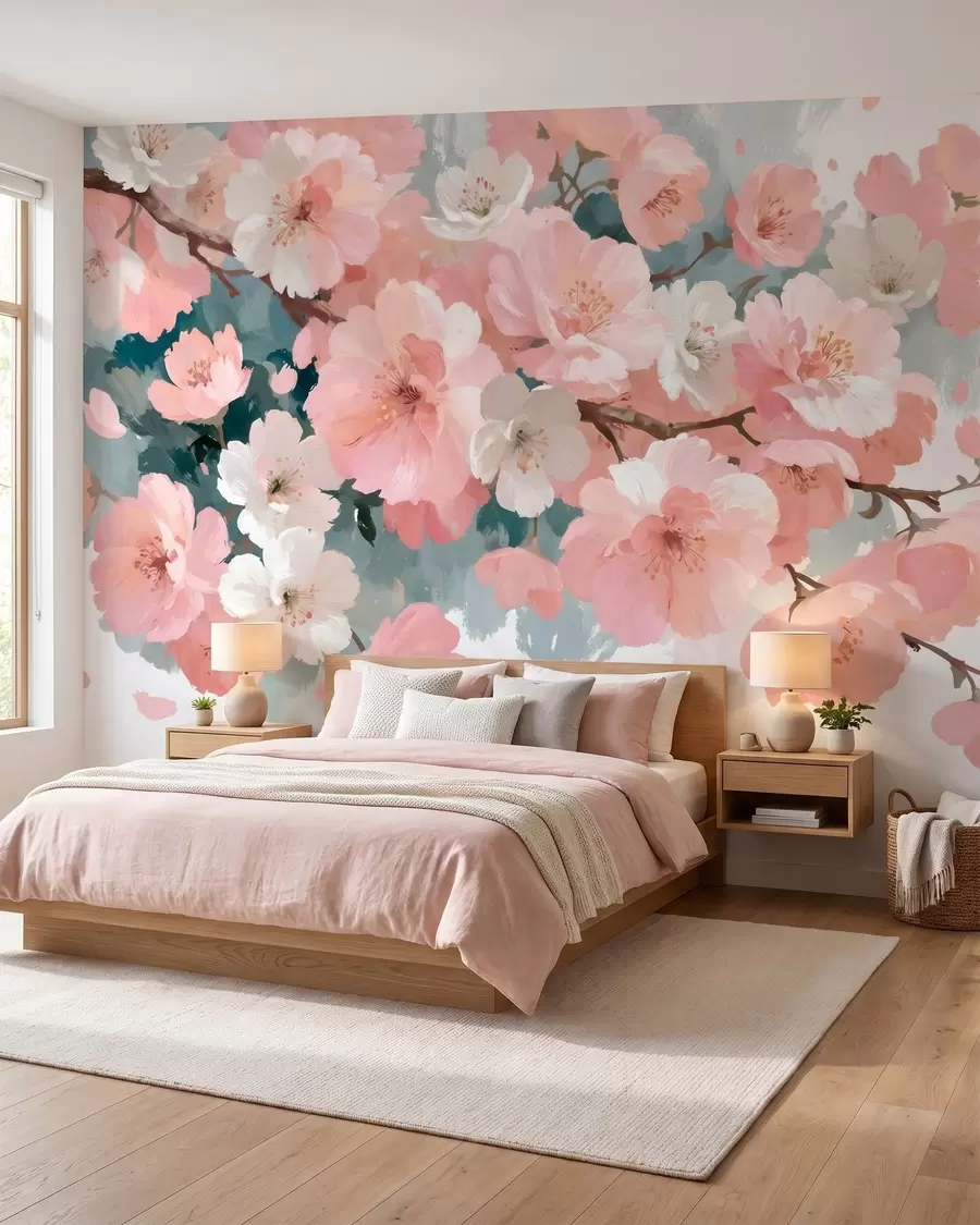wall murals Цветање трешњиних цветова са ружичастим и белим цветовима у стилу уљаног сликарства w09912