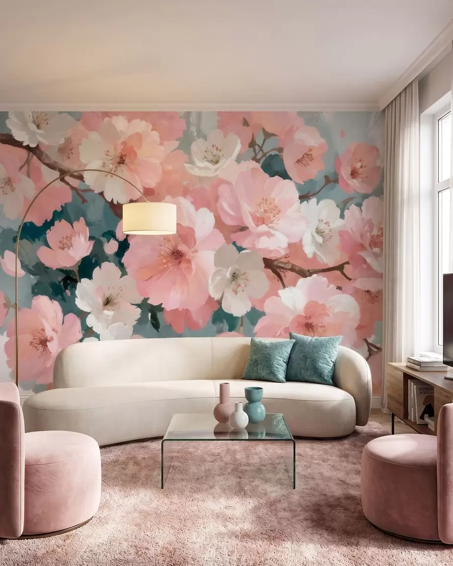 wall murals Цветање трешњиних цветова са ружичастим и белим цветовима у стилу уљаног сликарства w09912
