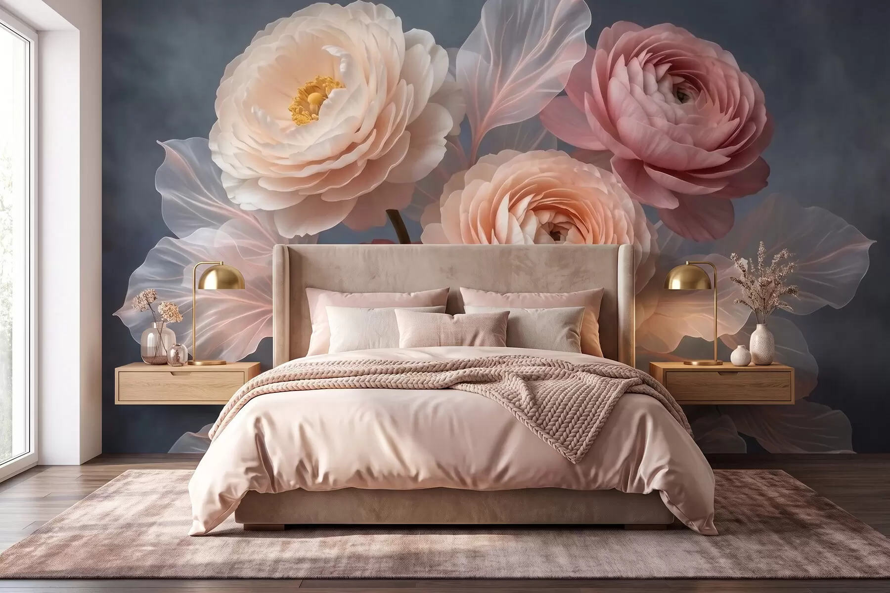 wall murals Букет божура и ранункулуса у бресквастим и ружичастим нијансама на тамној позадини w09926