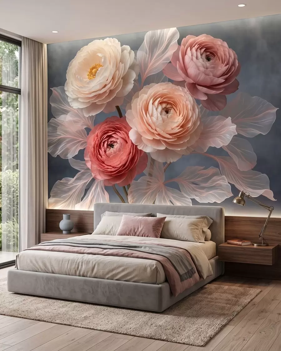 wall murals Букет божура и ранункулуса у бресквастим и ружичастим нијансама на тамној позадини w09926
