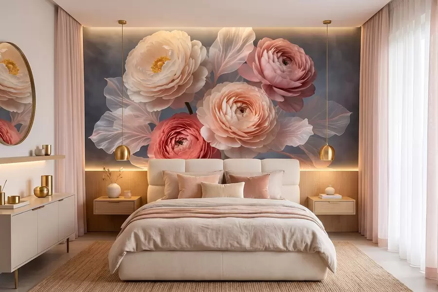 wall murals Букет божура и ранункулуса у бресквастим и ружичастим нијансама на тамној позадини w09926