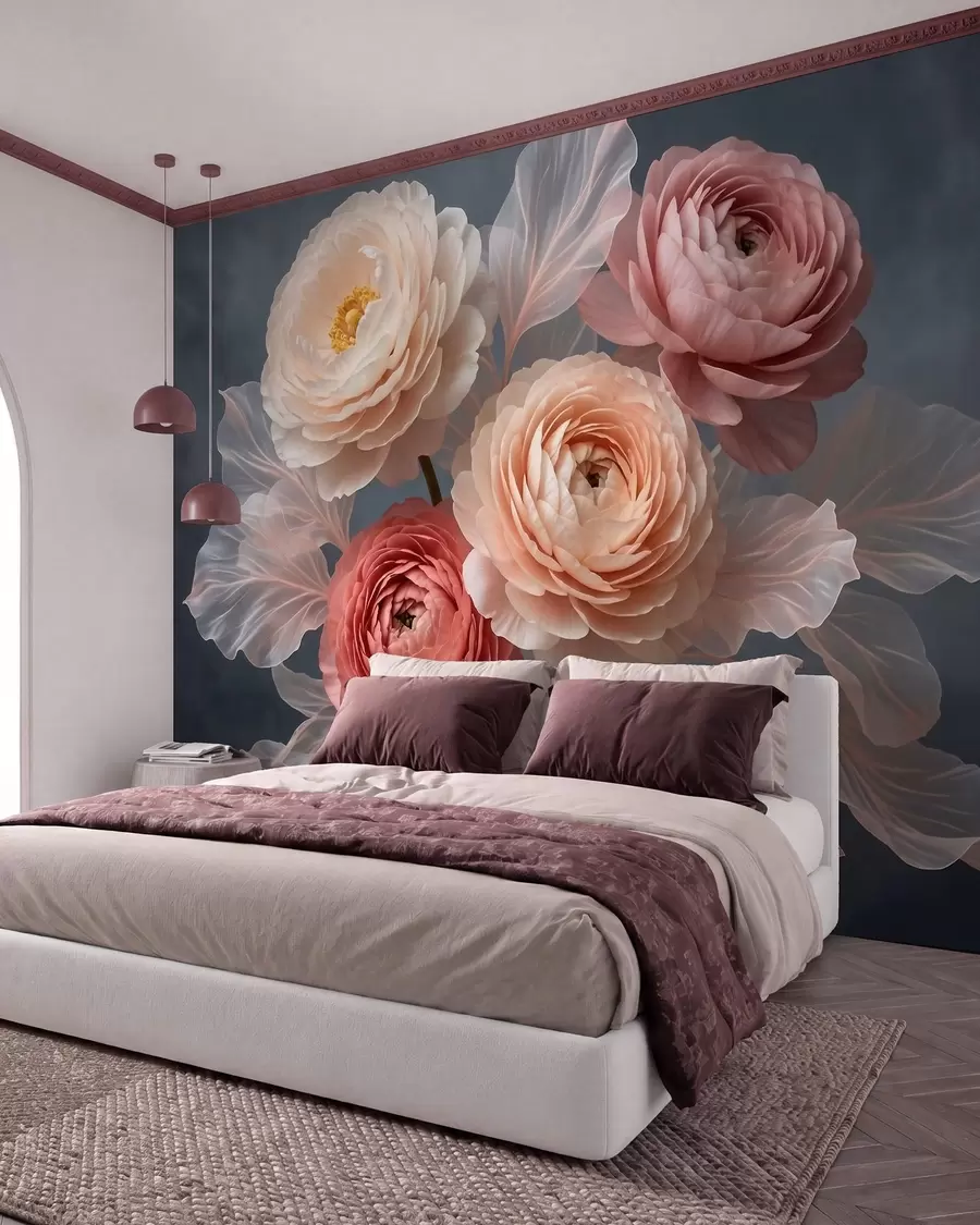 wall murals Букет божура и ранункулуса у бресквастим и ружичастим нијансама на тамној позадини w09926